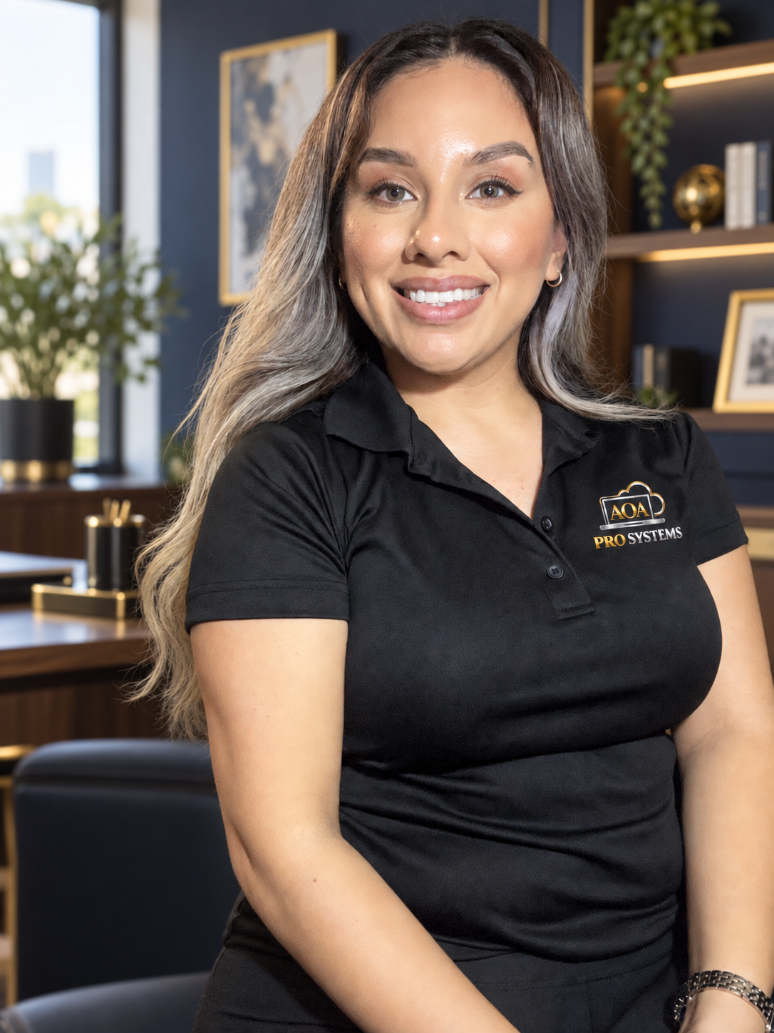 Cassandra Medrano, founder of AOA Pro Systems, wearing an AOA Pro Systems polo in a professional office